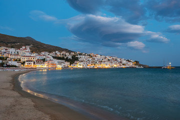 Fototapeta na wymiar Picturesque Batsi village on Andros island at night, Cyclades, Greece