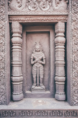 Wat Preah Prom Rath stone ornament beautiful temple in Siem Reap, Cambodia