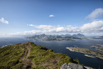 Fototapeta na wymiar The photo shows part of the western Lofoten islands. Shot from a mountain in Vestvagoy called Mt. Middagstinden.
