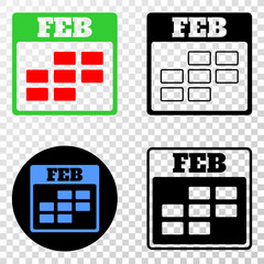 February calendar EPS vector icon with contour, black and colored versions. Illustration style is flat iconic symbol on chess transparent background.