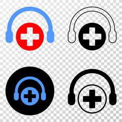 Medical assistance headphones EPS vector pictogram with contour, black and colored versions. Illustration style is flat iconic symbol on chess transparent background.