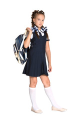 Portrait of teenager girl with school backpack isolated on white background