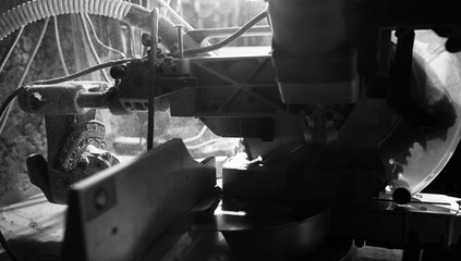 Workshop with tools and electric saws in the process