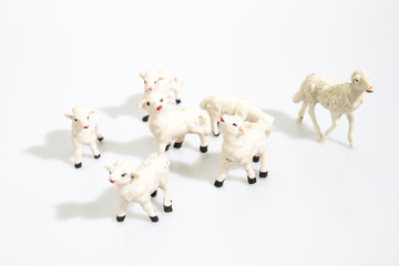Christmas objects, plastic animals sheeps for nativity diorama isolated in a white background