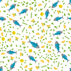 seamless pattern with fish and lemons with leaves on white background, vector, illustration
