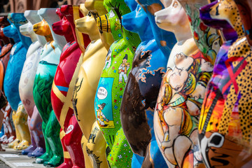 Riga. Latvia. United Buddy Bears exhibition. The old town square is located the bear sculpture row.