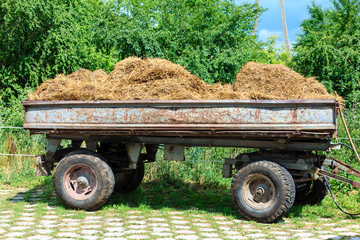 Tractor trailer full of hay outside the stable