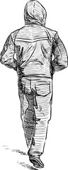Hand drawing of a walking man in a hood