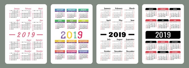Calendar 2019. Colorful English vector calender set. Week starts on Sunday. Basic grid