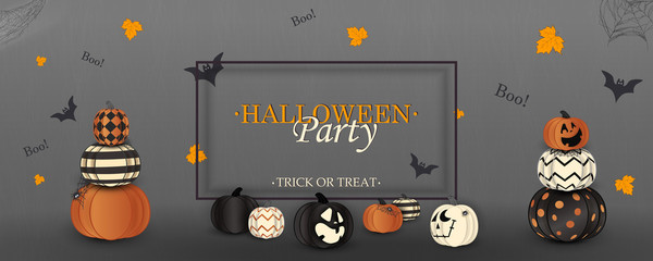 Halloween Party. Trick or treat. Boo. Holiday concept with ghost orange, white, black halloween pumpkins funny faces, spider web for banner, website, poster, greeting card, party invitation.
