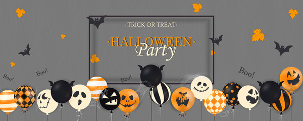 Halloween Party. Trick or treat. Boo. Scary air balloons. Holiday concept with halloween glitter confetti ghost balloons funny faces for banner, website, poster, greeting card, party invitation.