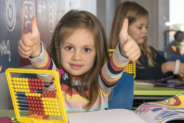 Schoolgirl learning mathematics in classroom