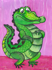 Crocodile, cartoon character. Figure with acrylic paints. Illustration for children. Handmade. Use printed materials, signs, objects, websites, maps, posters, postcards.