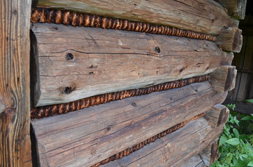 Ściana górtalskiej  chałupy z płazów, uszczelniona wełnianką