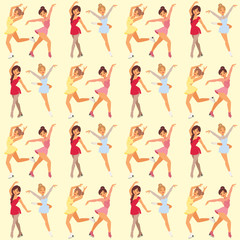 Figure ice skater women vector beauty sport girls doing exercise and tricks jump characters dancer people performance seamless pattern background illustration. © Vectorvstocker