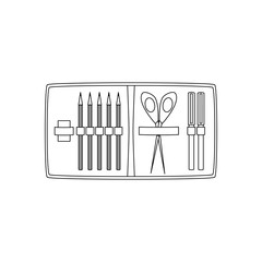 Drawing tools in pencil case. Hand drawn set. Black and white thin line style.