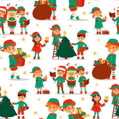 Santa Claus elf kids cartoon elf helpers vector illustration children elves characters traditional costume seamless pattern background