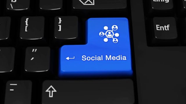 290. Social Media Rotation Motion On Blue Enter Button On Modern Computer Keyboard with Text and icon Labeled. Selected Focus Key is Pressing Animation. Social Media Concept