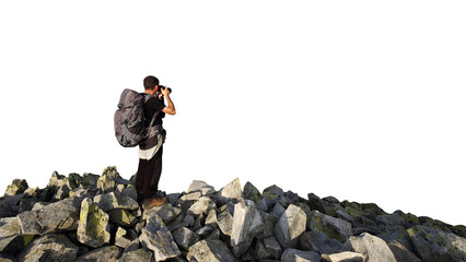 man photographer taking photos on mountain. scene isolated on white