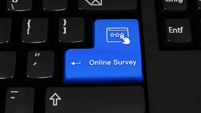 293. Online Survey Rotation Motion On Blue Enter Button On Modern Computer Keyboard with Text and icon Labeled. Selected Focus Key is Pressing Animation. Business Management Concept