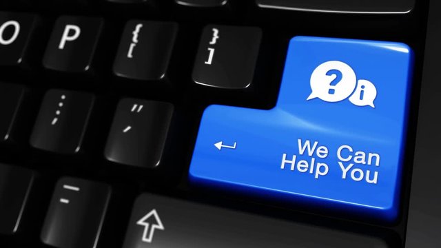295. We Can Help You Moving Motion On Blue Enter Button On Modern Computer Keyboard with Text and icon Labeled. Selected Focus Key is Pressing Animation.