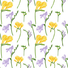 Seamless pattern with colorful freesia flowers and buds. Fabric wallpaper print texture on white background.