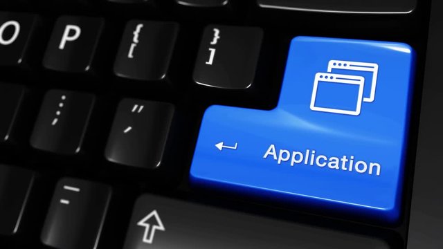 298. Application Moving Motion On Blue Enter Button On Modern Computer Keyboard with Text and icon Labeled. Selected Focus Key is Pressing Animation. Application Concept