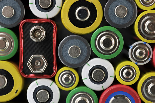 Close-up of colorful batteries