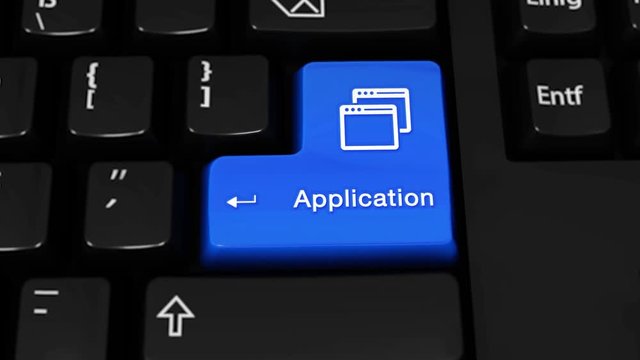 299. Application Rotation Motion On Blue Enter Button On Modern Computer Keyboard with Text and icon Labeled. Selected Focus Key is Pressing Animation. Application Concept