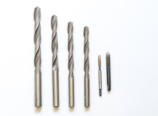 Drills on white background isolated, not new