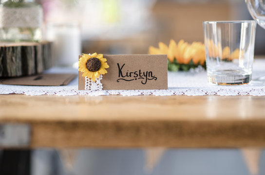 Close-up of name tag on dining table at wedding reception