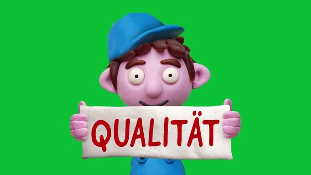 Handwerker aus Knete mit Schild „Qualität“ – Animation
