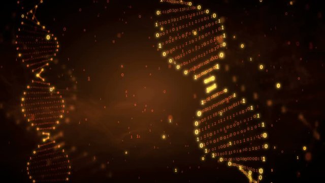 DNA from a binary code on an orange background with smoke