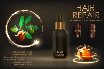 Hair conditioner with jojoba.extract. Hair before and after using shea butter. Vector