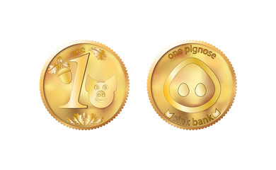 Golden coin one pig nose. Heads and tails for decoration and design. New year 2019 oink bank with the image piglet. Vector illustration in concept of save money or open a bank deposit
