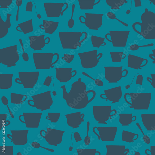 Tea Cups Silhouettes Vector Seamless Pattern Background