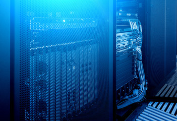 Network server room with servers high performance computers running processes