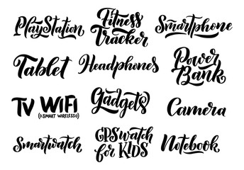 Lettering set - names og gadgets. Phrase about gadgets and technology. Hand drawn elements. Monochrome vector illustration.