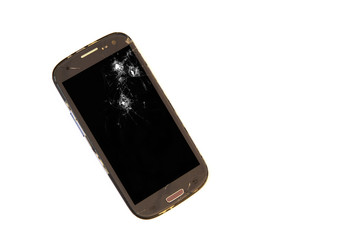 Mobile phone with bullet holes on a white background.