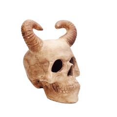 horned human skull isolated on white