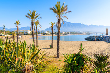 View of beautiful beach with palm trees in Marbella near Puerto Banus marina, Andalusia, Spain - obrazy, fototapety, plakaty