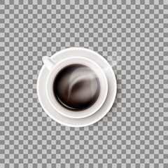 One hot steaming coffee beverage in white ceramic cup or mug on round saucer. Vector realistic object isolated on transparent background