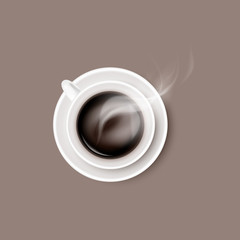 A hot steaming coffee beverage in white ceramic cup or mug on round saucer. Vector realistic object on cream color background