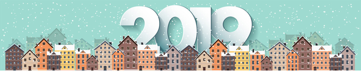 Fototapeta na wymiar 2019. Winter urban landscape. City with snow. Christmas and new year. Cityscape. Buildings.Vector illustration.Lettering.