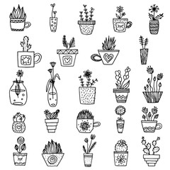 black and white vector plants in line art. monochrome simple plants in pots set. isolated collection of flowers, cacti (cactuses), pots for web design, blogging, banners, flyers, gift, greeting cards.