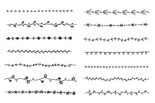 black and white vector border set. simple isolated dividers with leaves, branches, flowers and hearts. hand drawn border collection for blogging, invitations and greeting cards design.