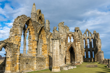 Whitby Abbey North Yorkshire Coast UK. Perched high on a cliff, the haunting remains of Whitby Abbey were inspiration for Bram Stoker's gothic tale of 'Dracula'. 