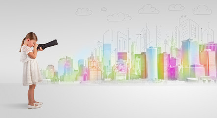 Cute little girl looking through spyglass to a big city
