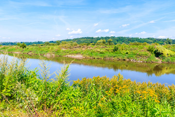 Vistula river and green fields with hills near Cracow city on sunny summer day, Poland