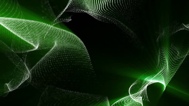 slowly moving white particles with green rays on a black background. abstract background. 3D rendering